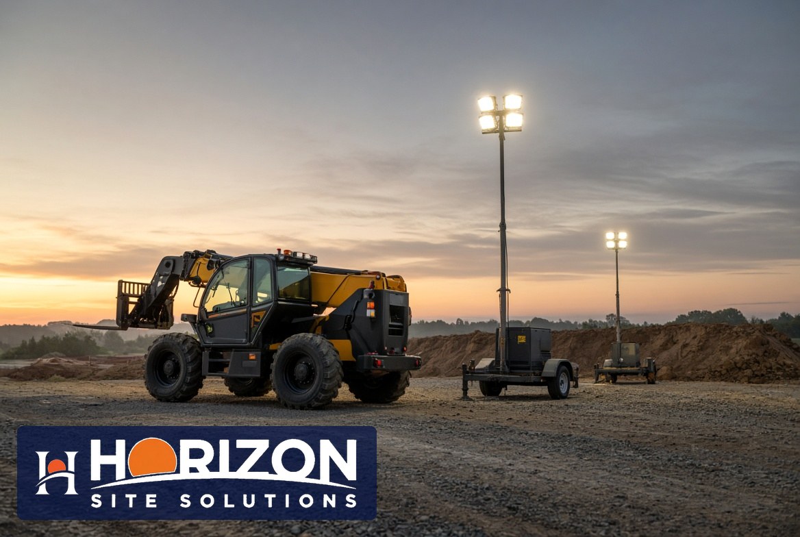 Telehandler and light towers staged on site